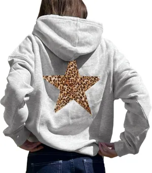 Womens Leopard Star Graphic Hoodie Oversized Y2K Cheetah Print Hooded Casual Long Sleeve Sweatshirt Unisex Pullover