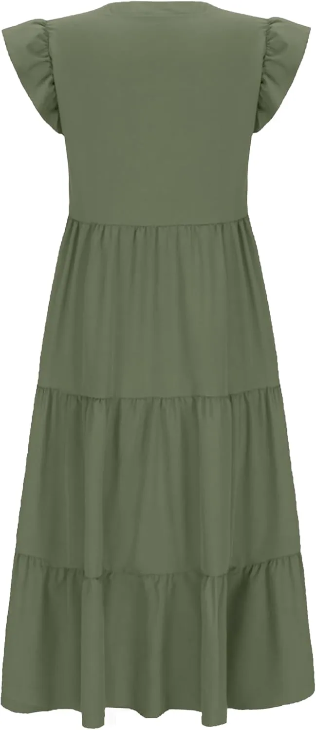 Womens Nursing Midi Dress Breastfeeding Summer Ruffle Sleeveless V Neck Tiered Beach Sundress with Pockets