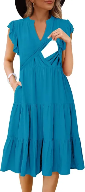 Womens Nursing Midi Dress Breastfeeding Summer Ruffle Sleeveless V Neck Tiered Beach Sundress with Pockets