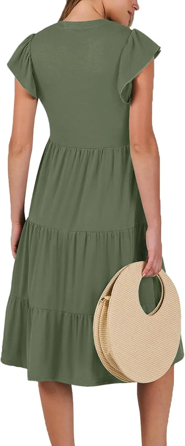 Womens Nursing Midi Dress Breastfeeding Summer Ruffle Sleeveless V Neck Tiered Beach Sundress with Pockets