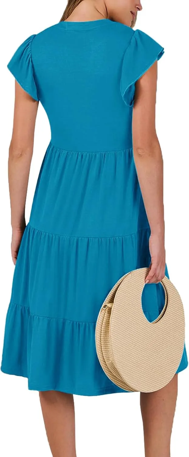 Womens Nursing Midi Dress Breastfeeding Summer Ruffle Sleeveless V Neck Tiered Beach Sundress with Pockets
