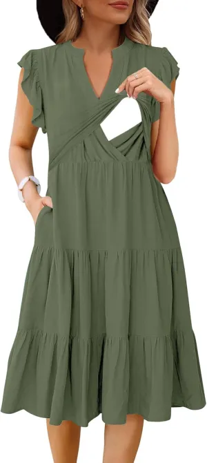 Womens Nursing Midi Dress Breastfeeding Summer Ruffle Sleeveless V Neck Tiered Beach Sundress with Pockets