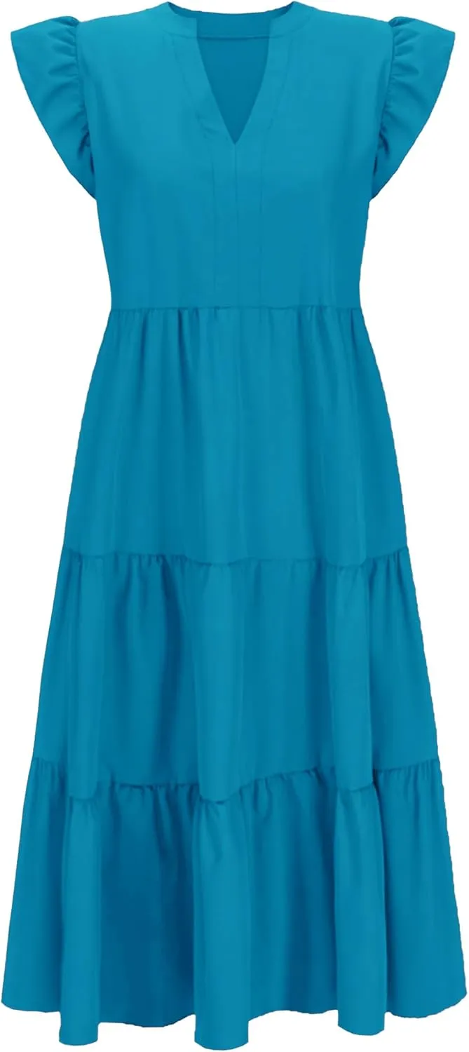 Womens Nursing Midi Dress Breastfeeding Summer Ruffle Sleeveless V Neck Tiered Beach Sundress with Pockets