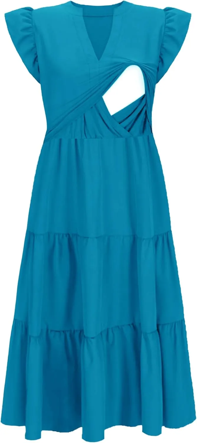 Womens Nursing Midi Dress Breastfeeding Summer Ruffle Sleeveless V Neck Tiered Beach Sundress with Pockets