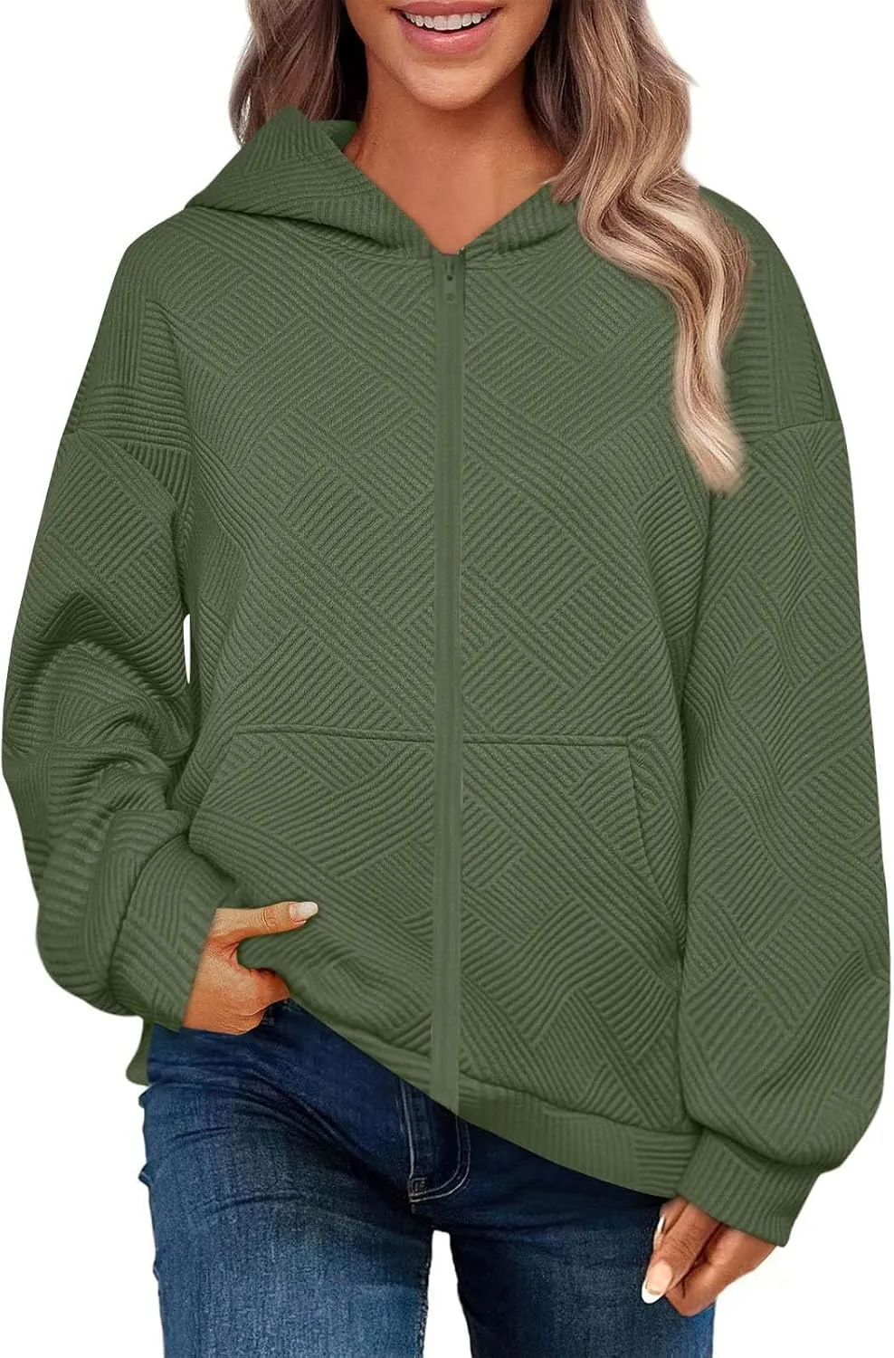 Womens Oversized Hoodie Jacket Fall Fashion 2024 Zip Up Long Sleeve Textured Hooded Sweatshirt Lightweight Jackets