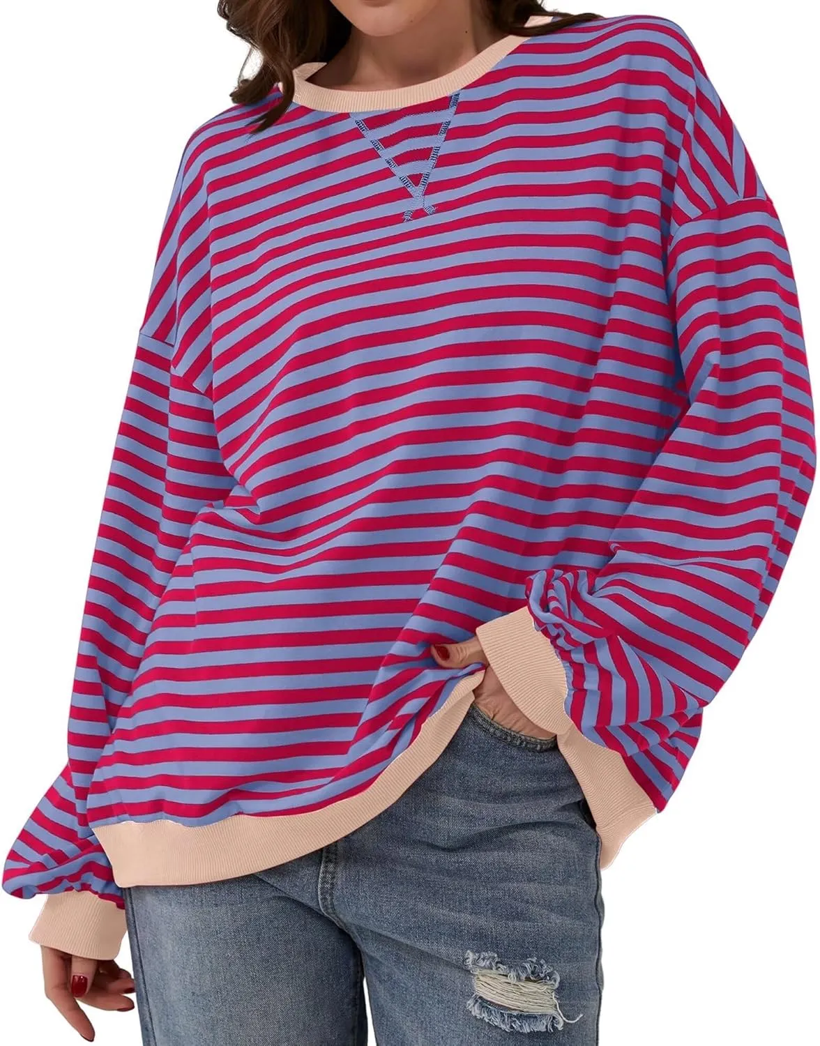 Women's Oversized Striped Crewneck Sweatshirt Color Block Long Sleeve Crew Neck Pullover Tops.