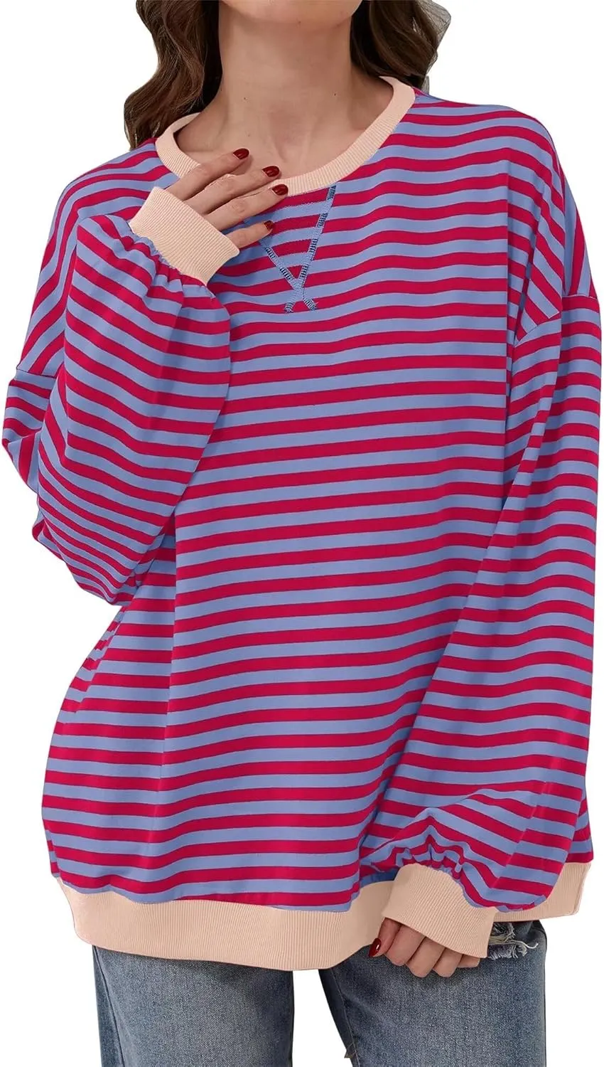 Women's Oversized Striped Crewneck Sweatshirt Color Block Long Sleeve Crew Neck Pullover Tops.
