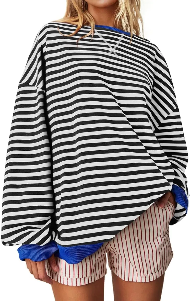 Women's Oversized Striped Crewneck Sweatshirt Color Block Long Sleeve Crew Neck Pullover Tops.