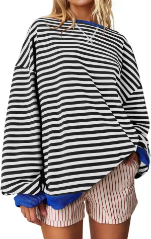 Women's Oversized Striped Crewneck Sweatshirt Color Block Long Sleeve Crew Neck Pullover Tops.
