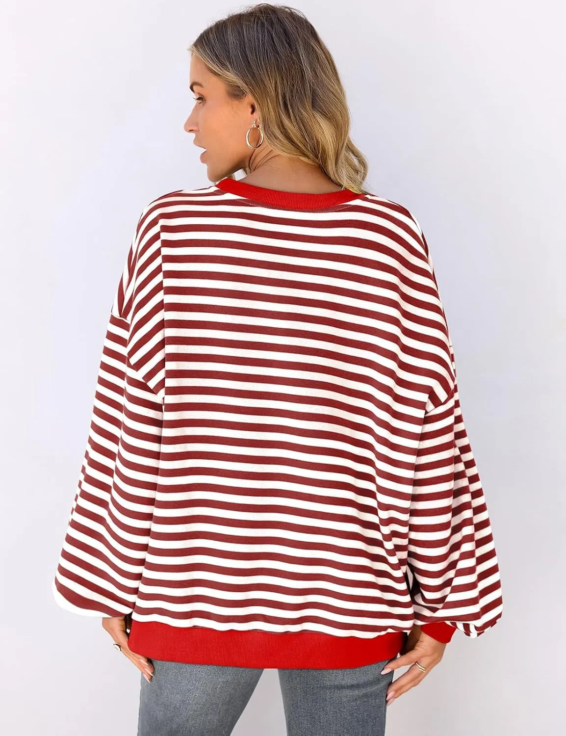 Women's Oversized Striped Crewneck Sweatshirt Color Block Long Sleeve Crew Neck Pullover Tops.