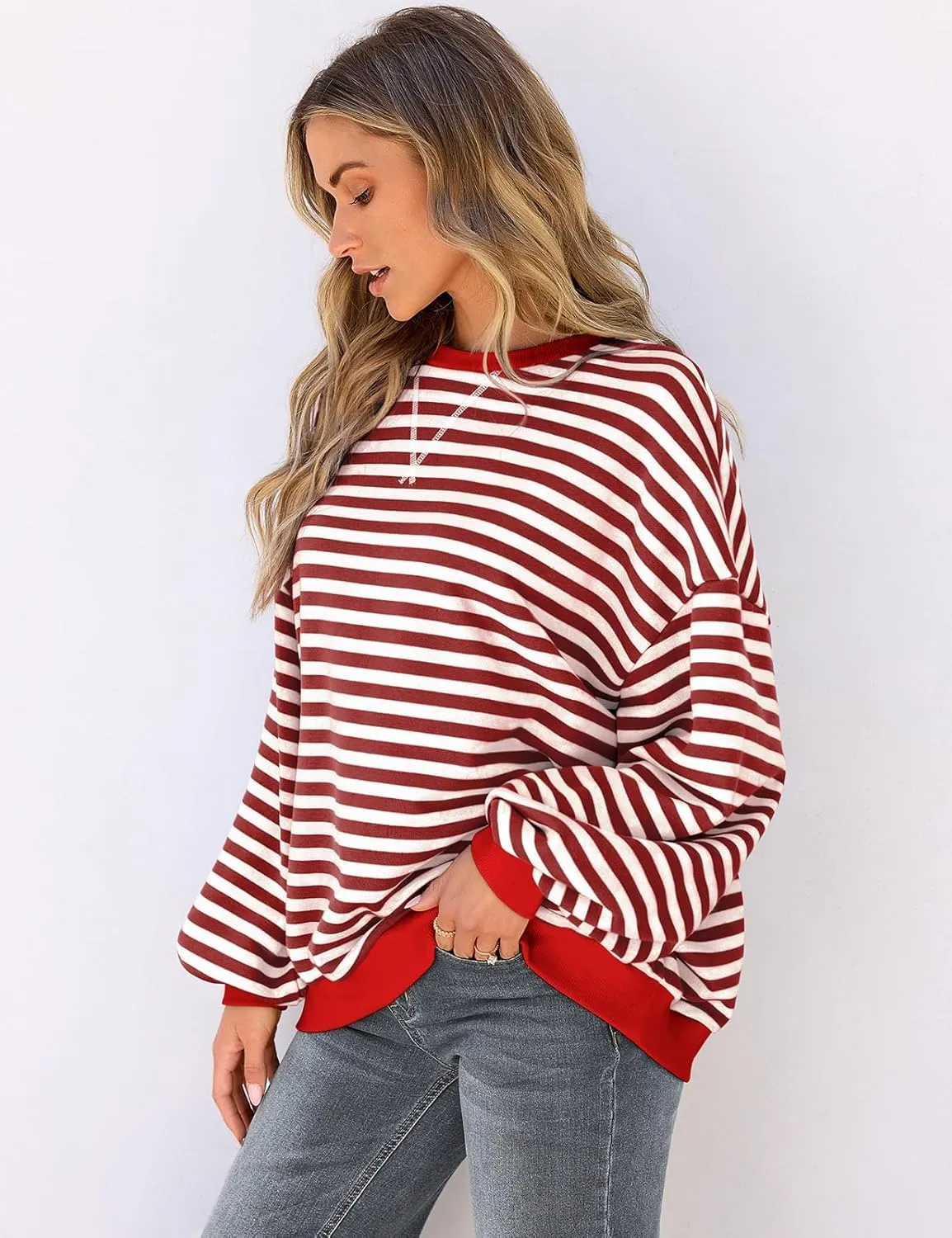 Women's Oversized Striped Crewneck Sweatshirt Color Block Long Sleeve Crew Neck Pullover Tops.