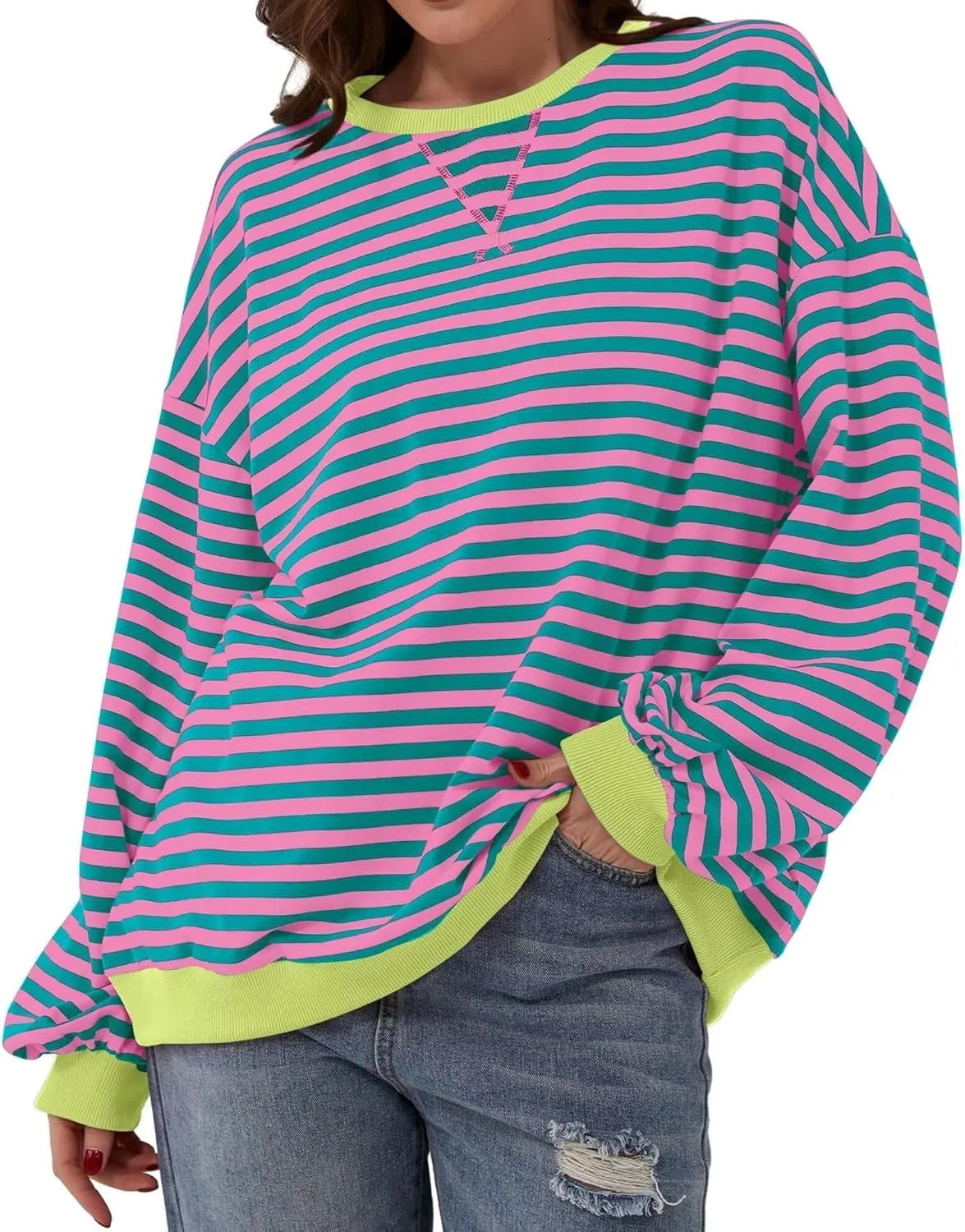 Women's Oversized Striped Crewneck Sweatshirt Color Block Long Sleeve Crew Neck Pullover Tops.