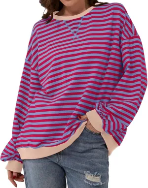 Women's Oversized Striped Crewneck Sweatshirt Color Block Long Sleeve Crew Neck Pullover Tops.