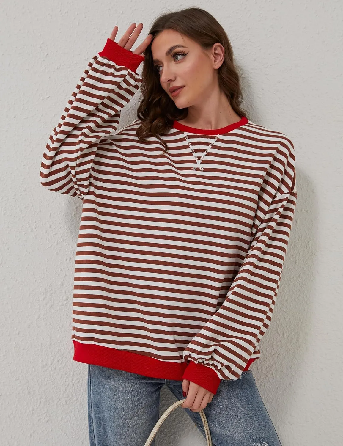 Women's Oversized Striped Crewneck Sweatshirt Color Block Long Sleeve Crew Neck Pullover Tops.