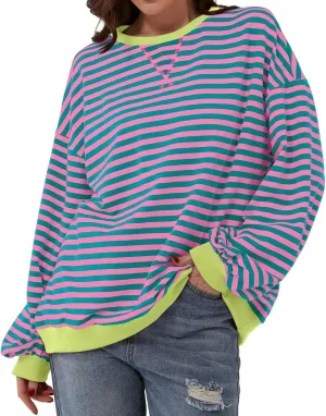 Women's Oversized Striped Crewneck Sweatshirt Color Block Long Sleeve Crew Neck Pullover Tops.