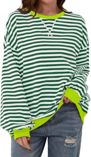 Women's Oversized Striped Crewneck Sweatshirt Color Block Long Sleeve Crew Neck Pullover Tops.