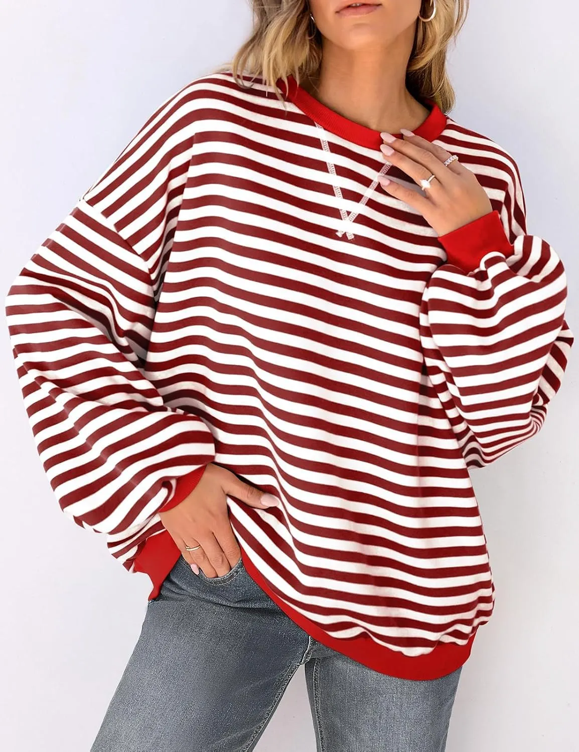 Women's Oversized Striped Crewneck Sweatshirt Color Block Long Sleeve Crew Neck Pullover Tops.