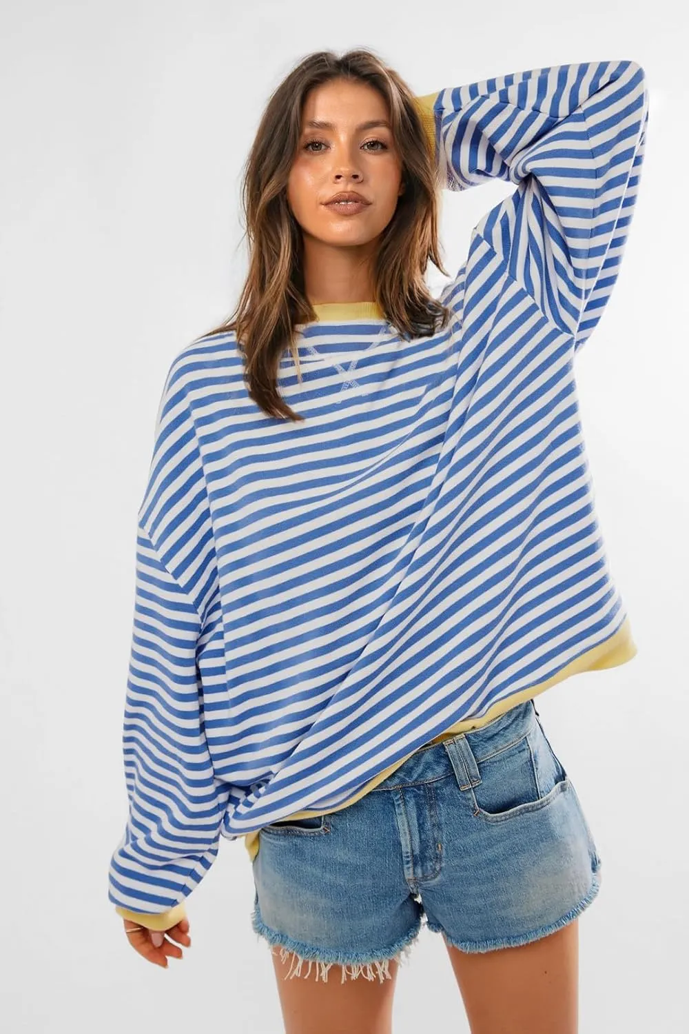 Women's Oversized Striped Crewneck Sweatshirt Color Block Long Sleeve Crew Neck Pullover Tops.