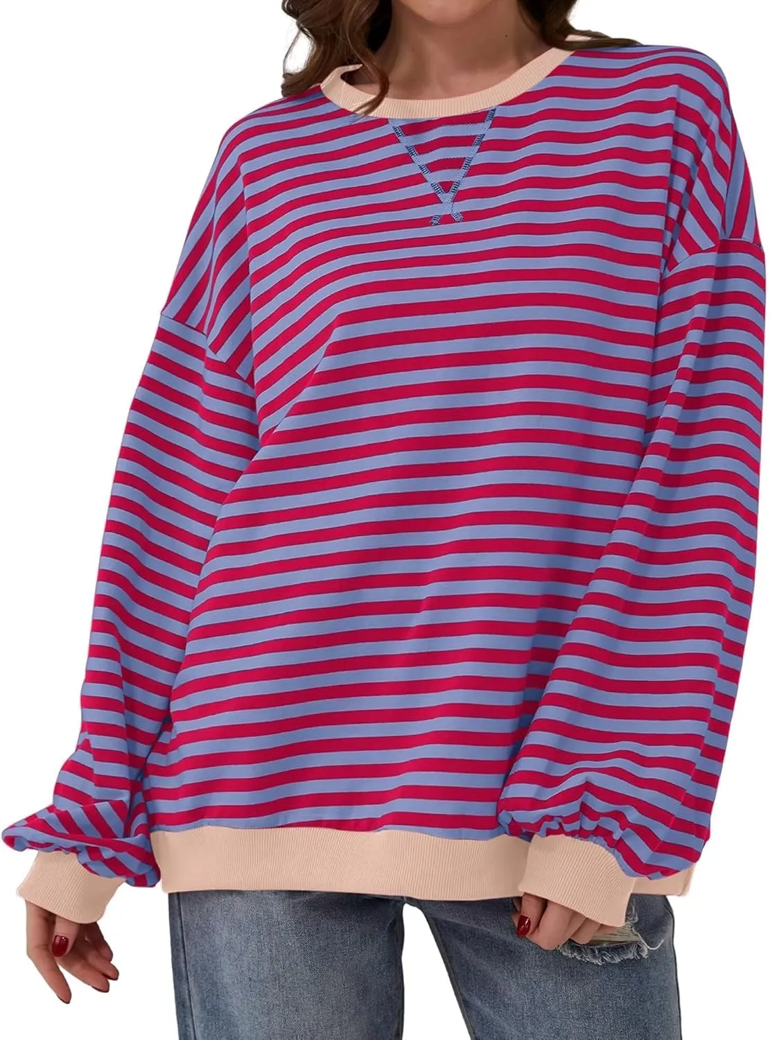 Women's Oversized Striped Crewneck Sweatshirt Color Block Long Sleeve Crew Neck Pullover Tops.