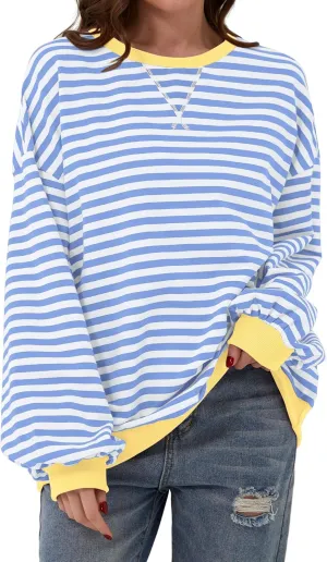 Women's Oversized Striped Crewneck Sweatshirt Color Block Long Sleeve Crew Neck Pullover Tops.