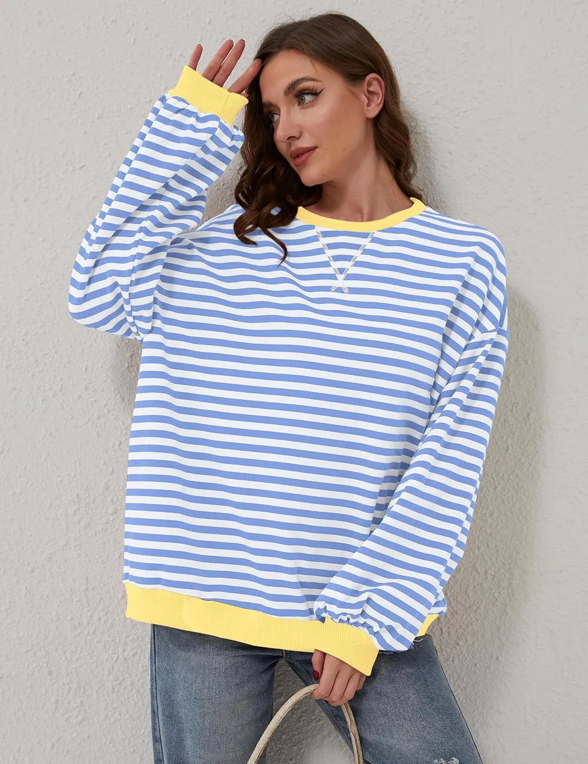 Women's Oversized Striped Crewneck Sweatshirt Color Block Long Sleeve Crew Neck Pullover Tops.