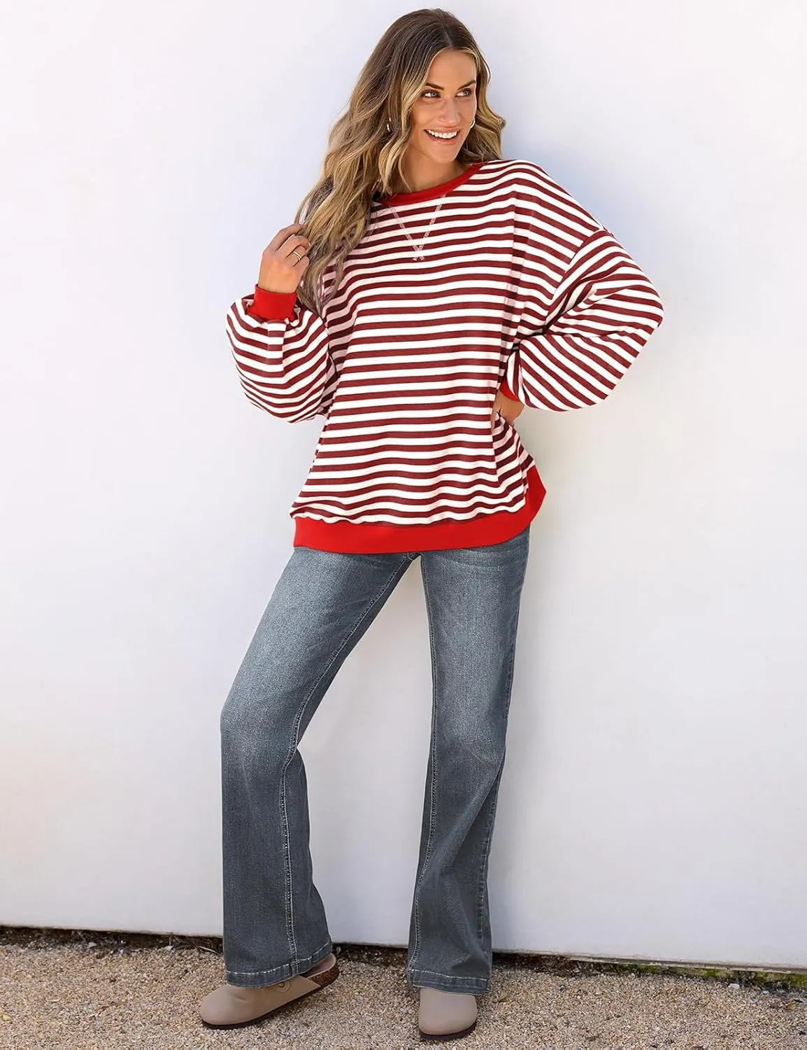 Women's Oversized Striped Crewneck Sweatshirt Color Block Long Sleeve Crew Neck Pullover Tops.