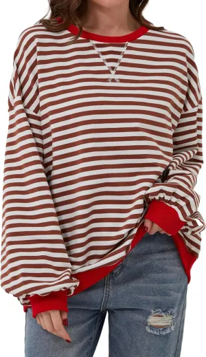 Women's Oversized Striped Crewneck Sweatshirt Color Block Long Sleeve Crew Neck Pullover Tops.