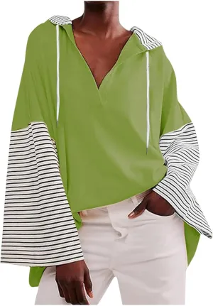 Womens Oversized Sweatshirt Striped Color Block Hoodies Drawstring Casual V Neck Long Sleeve Pullover Tops