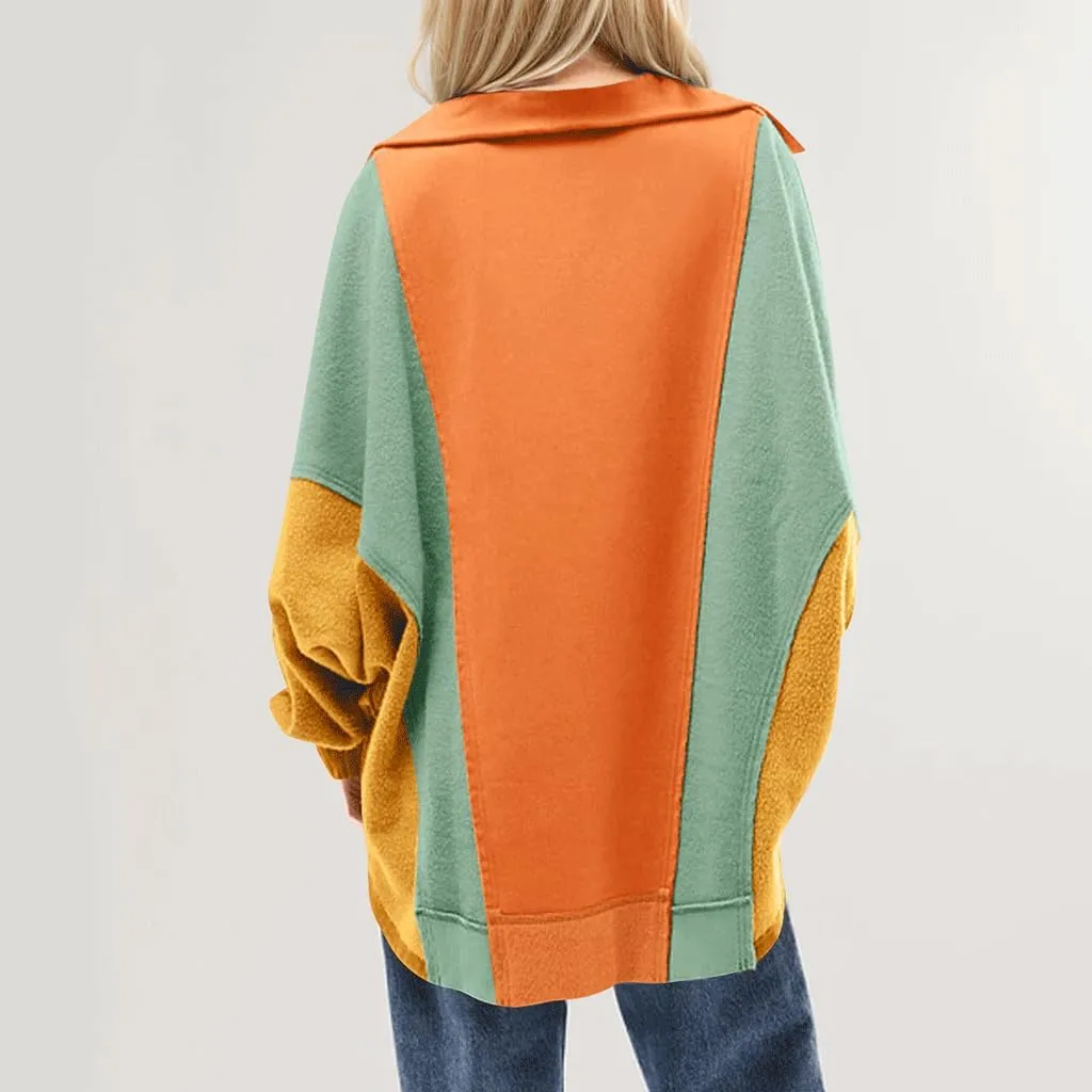 Womens Oversized Sweatshirts Lapel V Neck Pullover Casual Patchwork Long Sleeve Color Block Tops Fashion Y2k Clothes