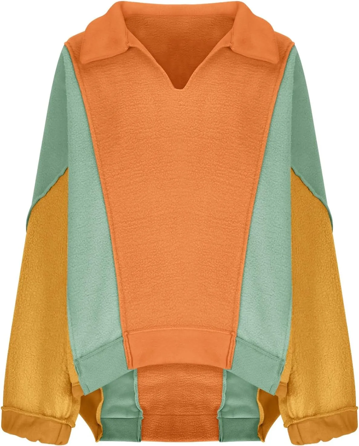 Womens Oversized Sweatshirts Lapel V Neck Pullover Casual Patchwork Long Sleeve Color Block Tops Fashion Y2k Clothes