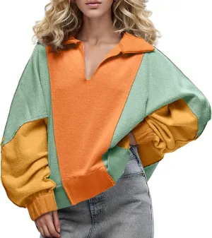 Womens Oversized Sweatshirts Lapel V Neck Pullover Casual Patchwork Long Sleeve Color Block Tops Fashion Y2k Clothes