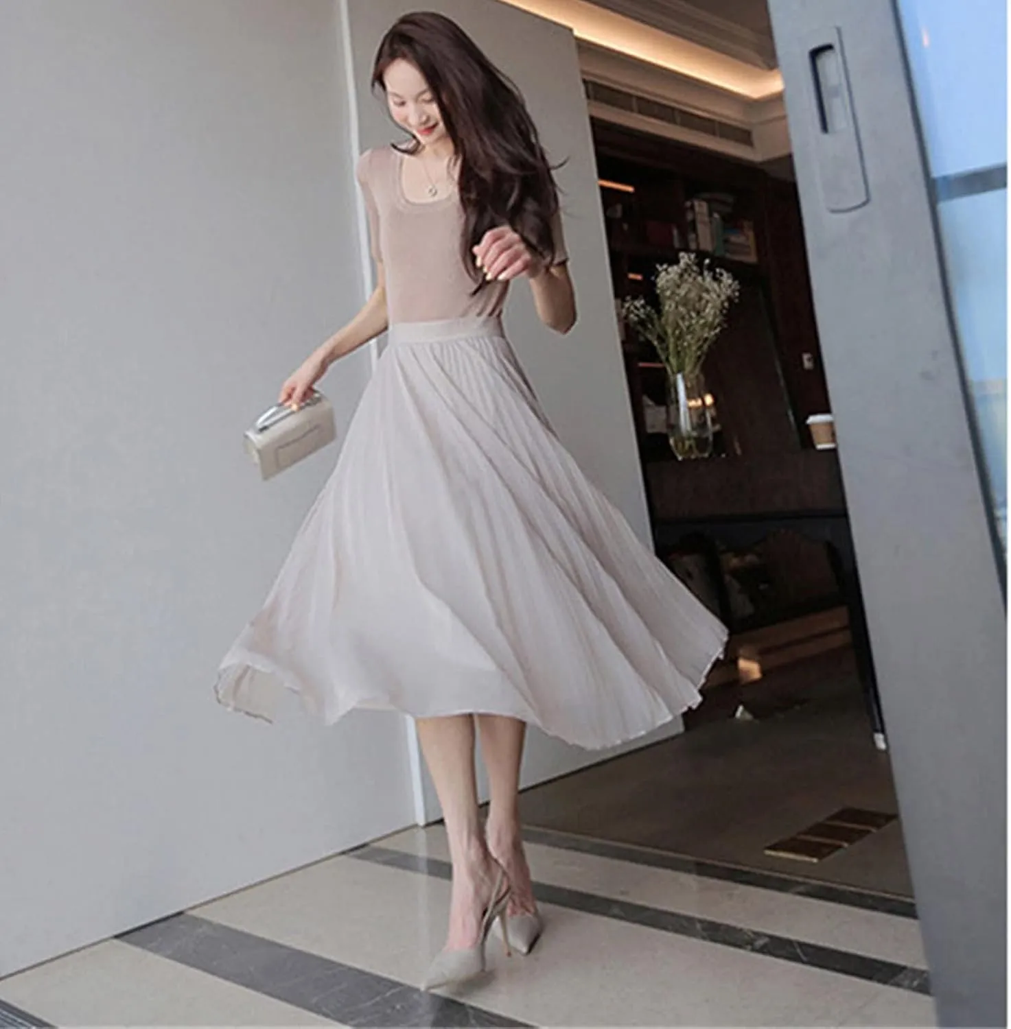 Women's Pleated Midi Skirts High Elastic Waist Party A-Line Skirt Elegant Ruched Summer Casual Swing Maxi Skirt