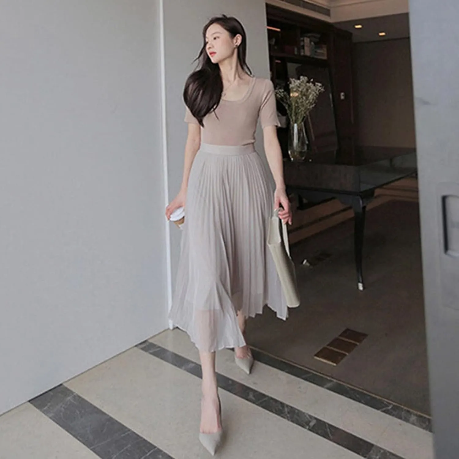 Women's Pleated Midi Skirts High Elastic Waist Party A-Line Skirt Elegant Ruched Summer Casual Swing Maxi Skirt