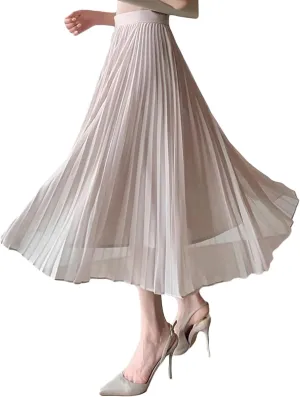 Women's Pleated Midi Skirts High Elastic Waist Party A-Line Skirt Elegant Ruched Summer Casual Swing Maxi Skirt