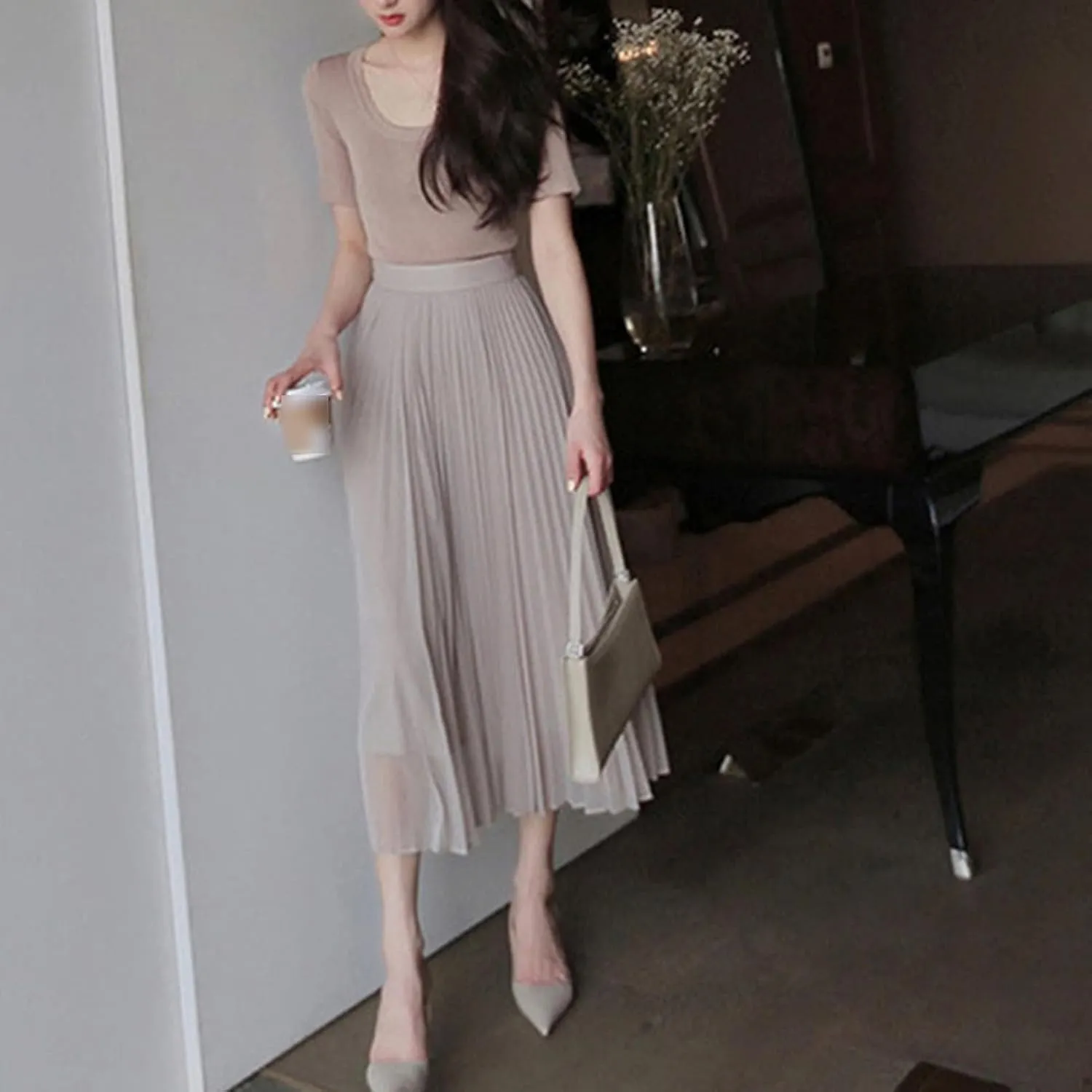 Women's Pleated Midi Skirts High Elastic Waist Party A-Line Skirt Elegant Ruched Summer Casual Swing Maxi Skirt