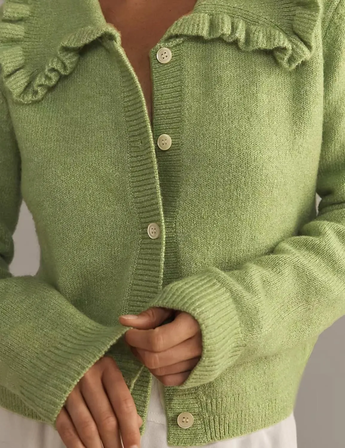 Womens Ruffle Cropped Sweater Open Front Outerwear Elegant Long Sleeve Knitted Cardigan Button Jacket Fall Tops