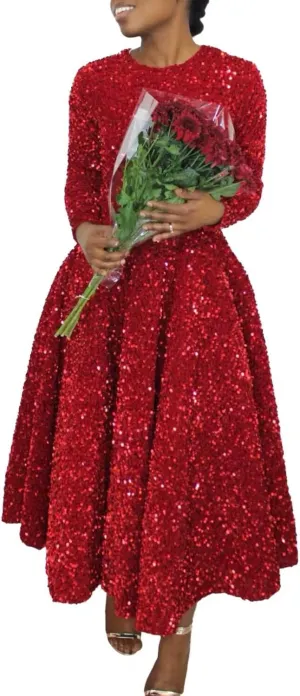 Women's Sequin Plus Size Midi Dress Long Sleeve Scoop Neck Pleated A Line Cocktail Party Dresses
