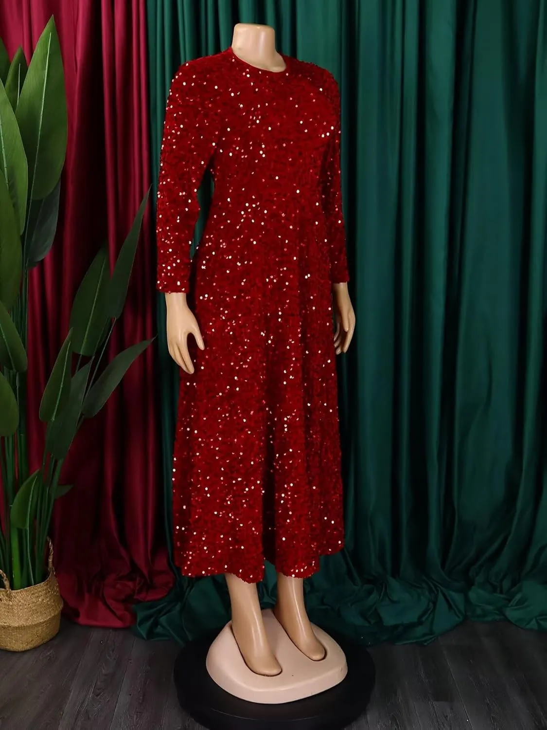 Women's Sequin Plus Size Midi Dress Long Sleeve Scoop Neck Pleated A Line Cocktail Party Dresses