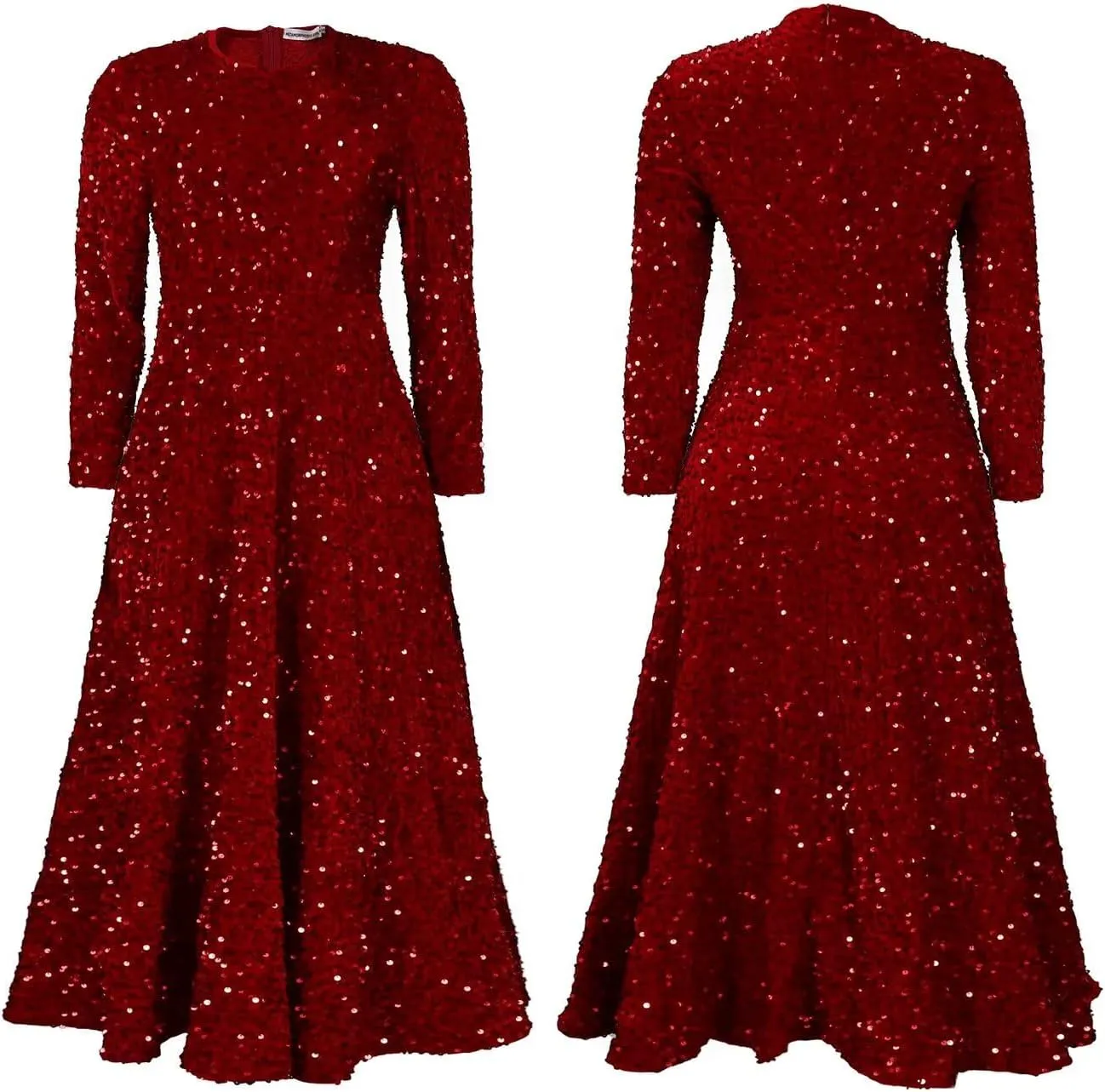 Women's Sequin Plus Size Midi Dress Long Sleeve Scoop Neck Pleated A Line Cocktail Party Dresses
