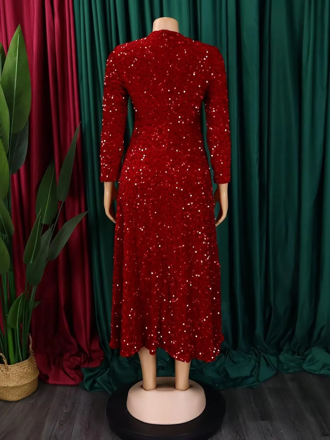 Women's Sequin Plus Size Midi Dress Long Sleeve Scoop Neck Pleated A Line Cocktail Party Dresses