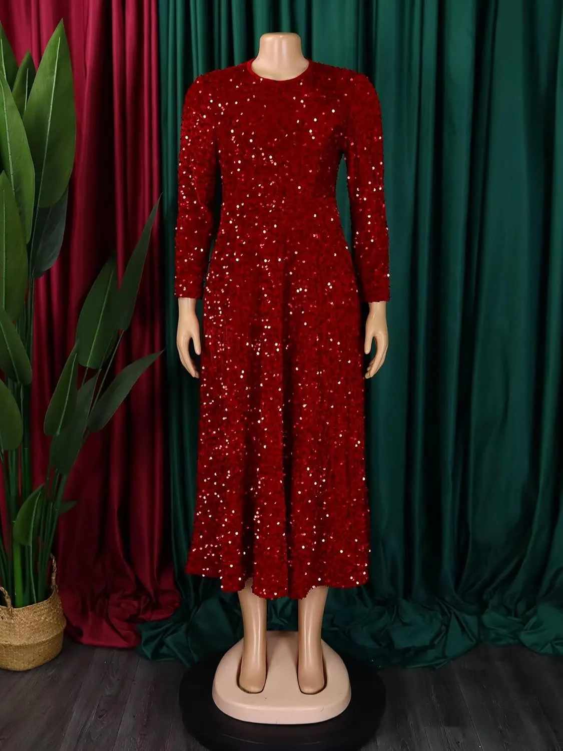 Women's Sequin Plus Size Midi Dress Long Sleeve Scoop Neck Pleated A Line Cocktail Party Dresses