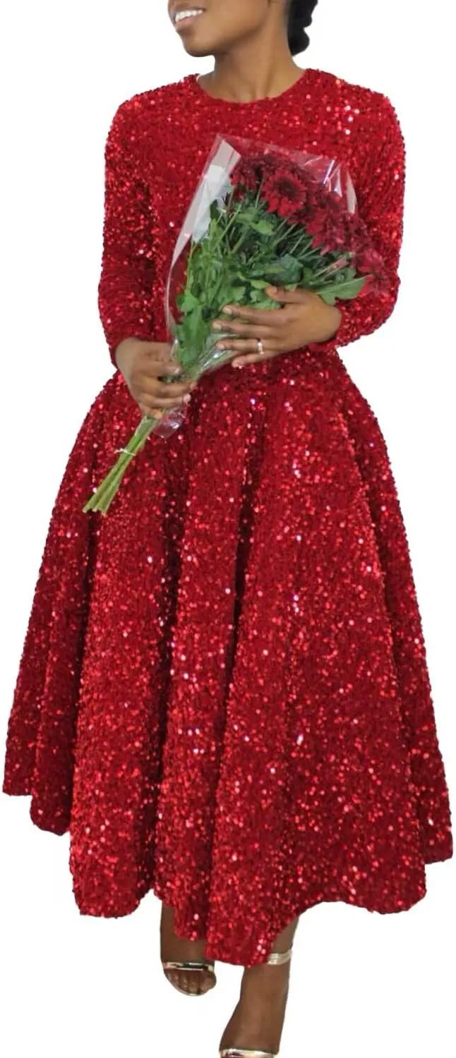 Women's Sequin Plus Size Midi Dress Long Sleeve Scoop Neck Pleated A Line Cocktail Party Dresses