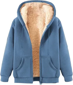 Women's Sherpa Lined Fleece Hooded Sweatshirts Long Sleeve Full Zipper Pullover Fashion Warm Sweatshirt