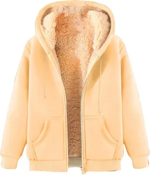 Women's Sherpa Lined Fleece Hooded Sweatshirts Long Sleeve Full Zipper Pullover Fashion Warm Sweatshirt