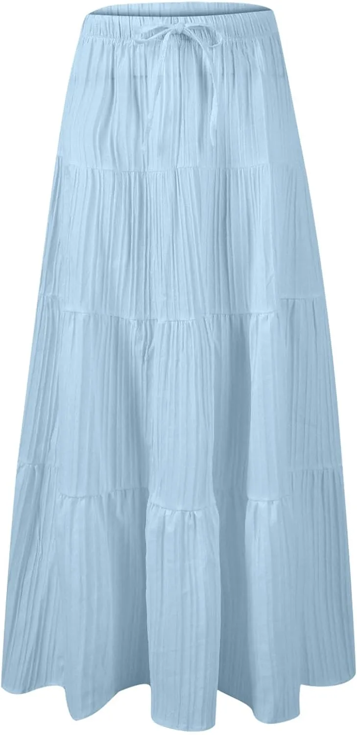 Womens Summer Flowy Swing Tiered A-Line Maxi Skirts 2025 Elastic Waist Pleated Long Skirt Trendy Boho Beach Clothes