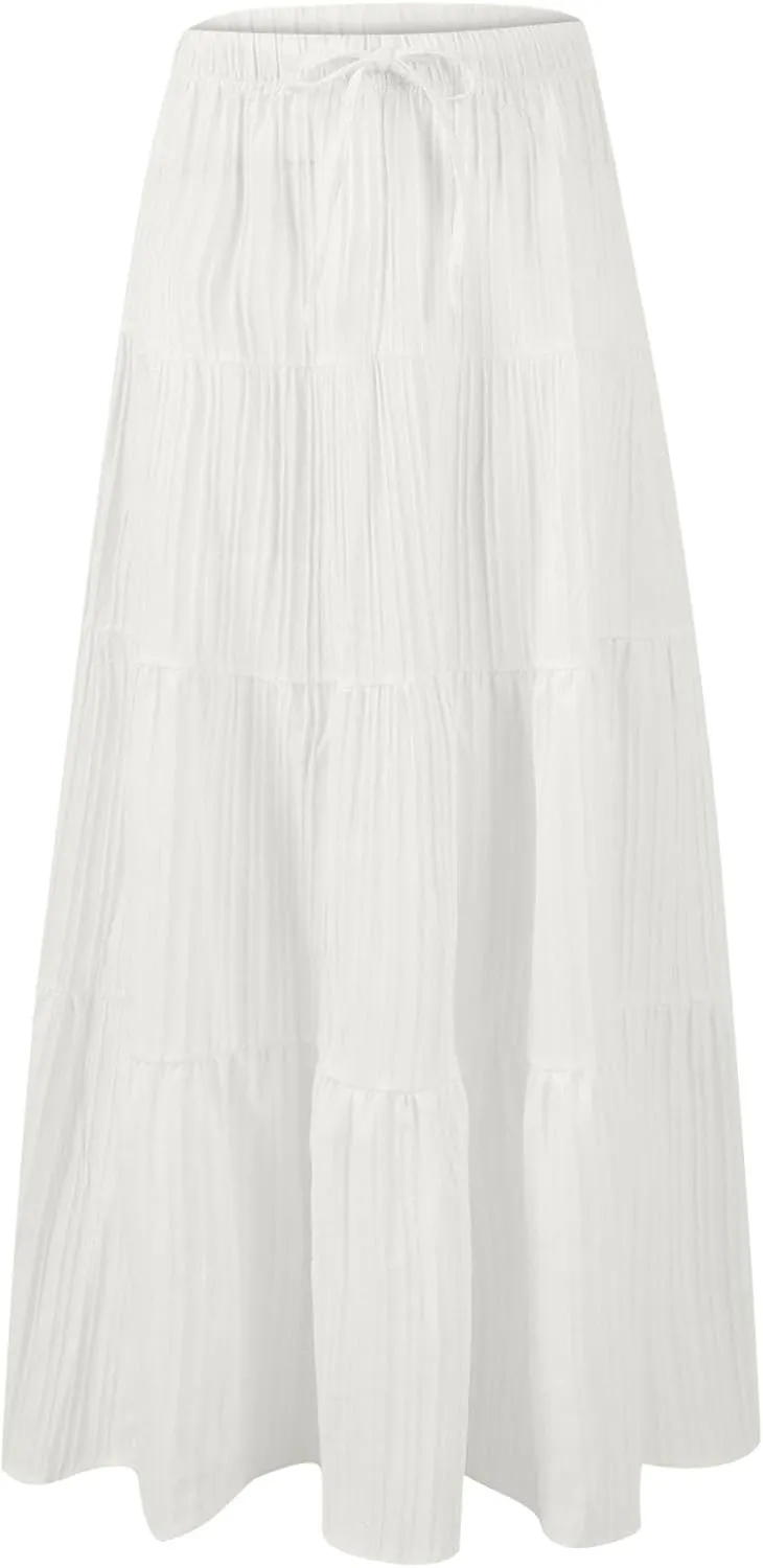 Womens Summer Flowy Swing Tiered A-Line Maxi Skirts 2025 Elastic Waist Pleated Long Skirt Trendy Boho Beach Clothes