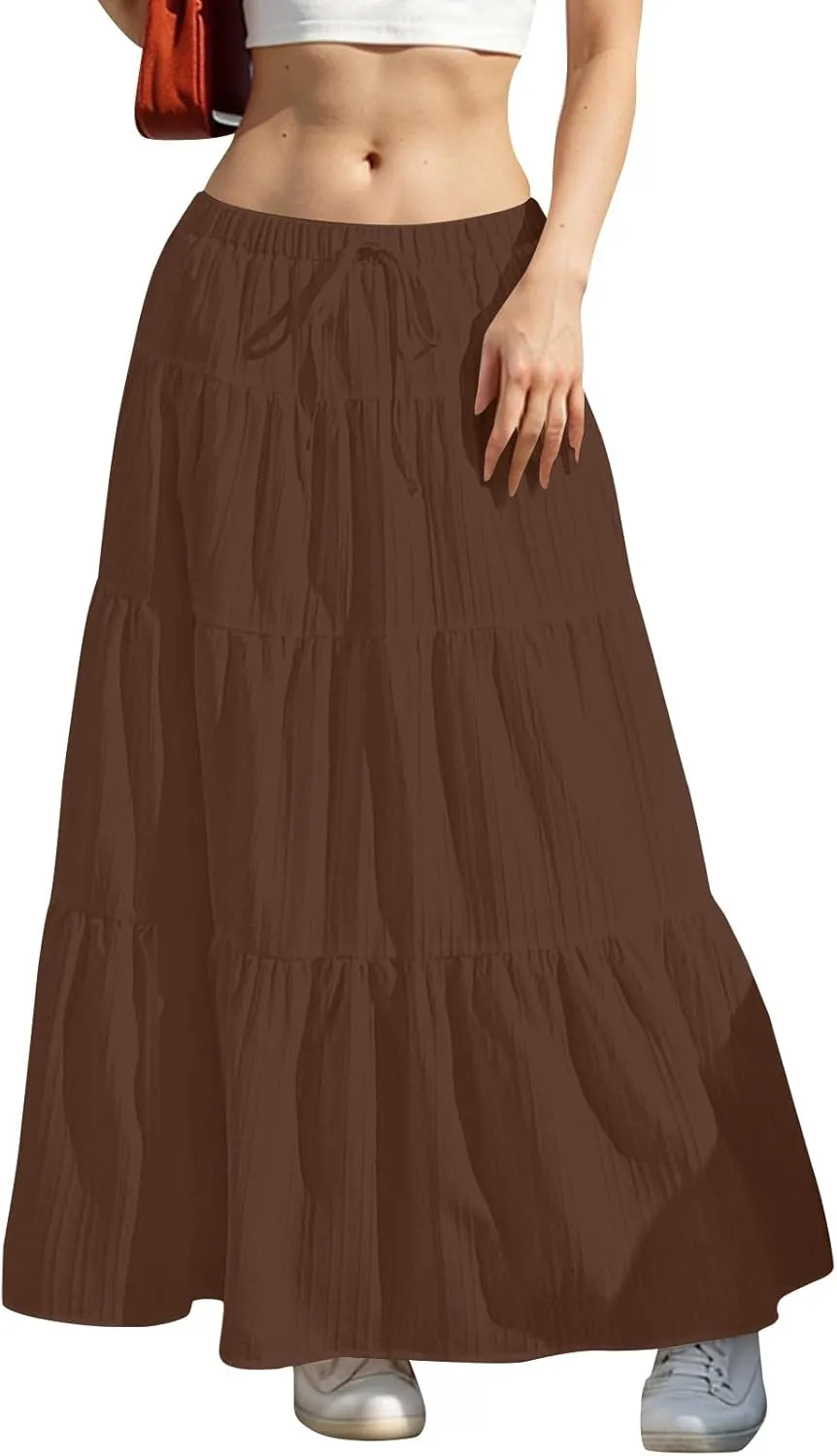 Womens Summer Flowy Swing Tiered A-Line Maxi Skirts 2025 Elastic Waist Pleated Long Skirt Trendy Boho Beach Clothes
