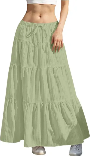 Womens Summer Flowy Swing Tiered A-Line Maxi Skirts 2025 Elastic Waist Pleated Long Skirt Trendy Boho Beach Clothes
