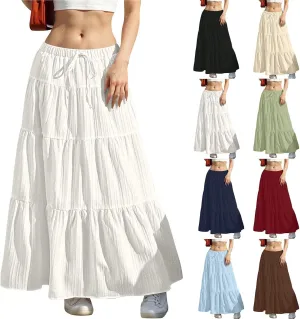 Womens Summer Flowy Swing Tiered A-Line Maxi Skirts 2025 Elastic Waist Pleated Long Skirt Trendy Boho Beach Clothes