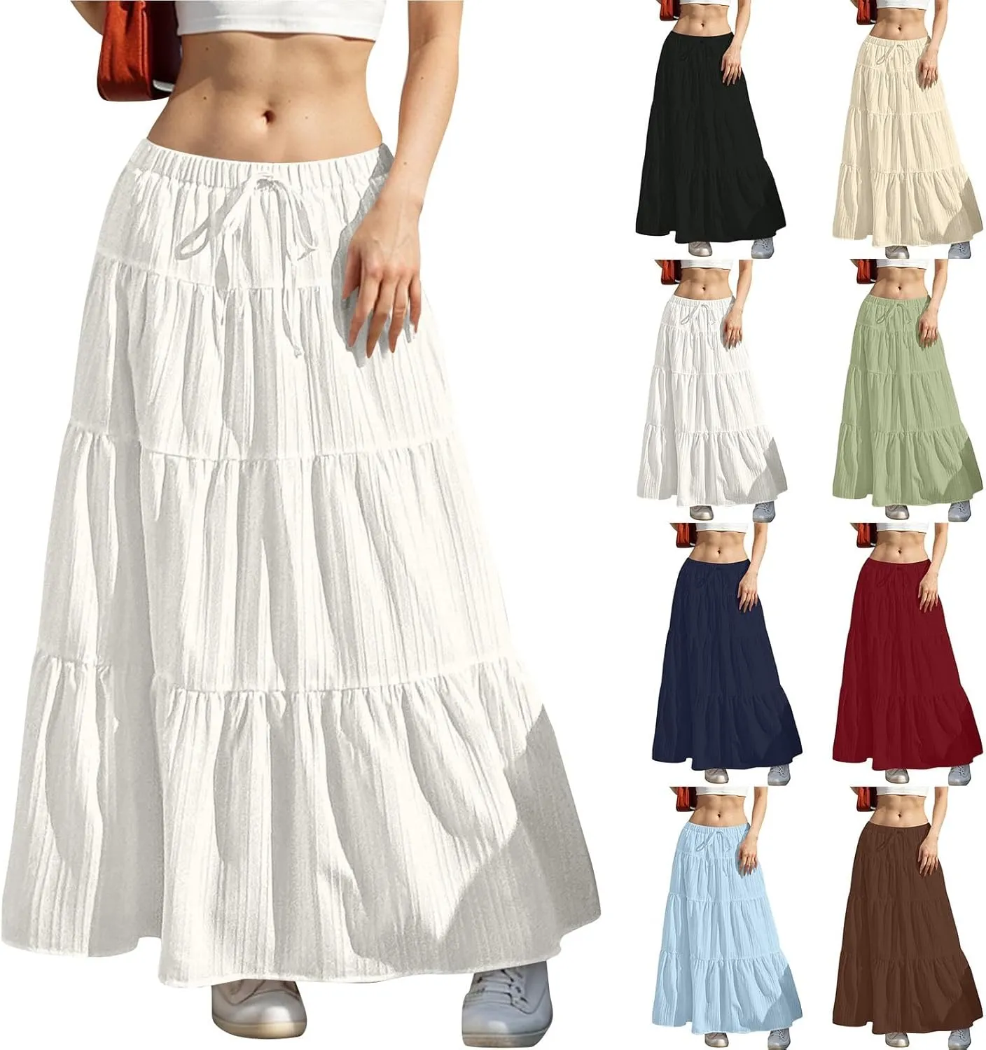 Womens Summer Flowy Swing Tiered A-Line Maxi Skirts 2025 Elastic Waist Pleated Long Skirt Trendy Boho Beach Clothes